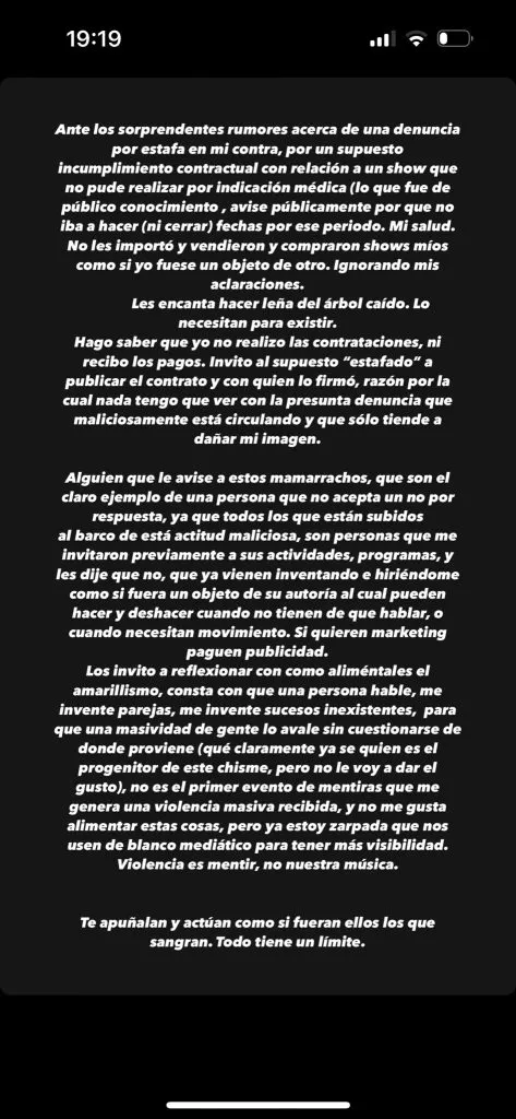 El comunicado de La Joaqui en su cuenta de Twitter.