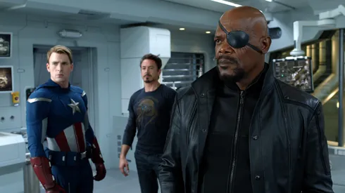 “Marvel's The Avengers” L to R: Captain America (Chris Evans), Tony Stark (Robert Downey Jr.) and Nick Fury (Samuel L. Jackson) Ph: Film Frame © 2011 MVLFFLLC. TM & © 2011 Marvel. All Rights Reserved.