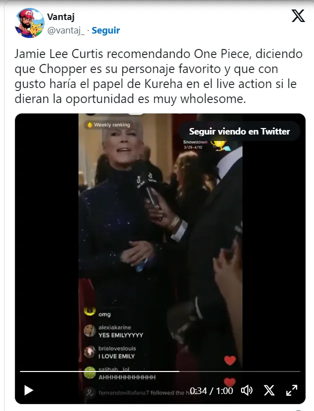 El video en el que la actriz afirma que le encantaría dar vida a la Doctora Kureha puede verse completo en este enlace. Imagen: Twitter.