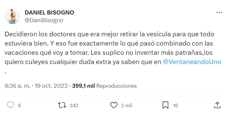 El conductor fue el encargado de desmentir este rumor desde sus redes sociales. Imagen: @DaniBisogno.