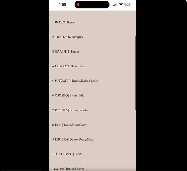 Estos serían los primeros 11 temas en el nuevo disco de Bad Bunny. Imagen: @eduardocbalas.