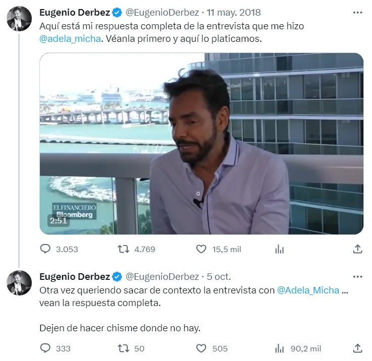 Fue el propio Derbez quien compartió la entrevista completa, con el fragmento que fue tomado para incitar a la polémica. Imagen: Twitter.