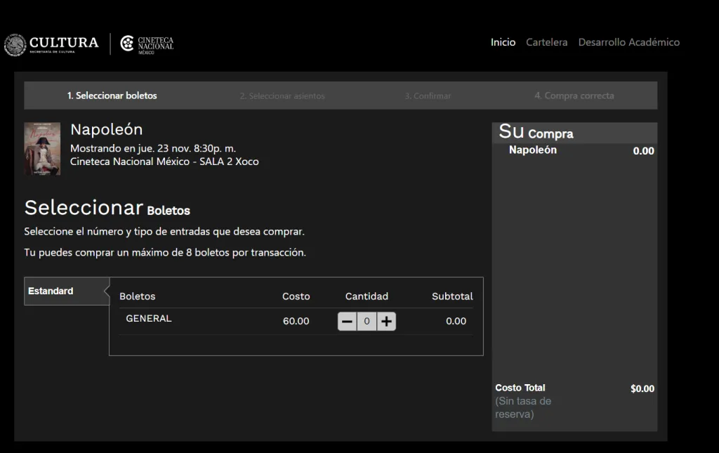 Este es el precio que se debe pagar por ver Napoleón en este recinto. Imagen: Cineteca Nacional.