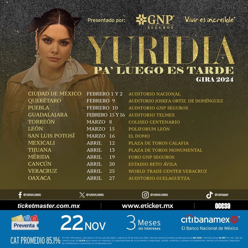 Fechas de conciertos de Yuridia en México 2024.