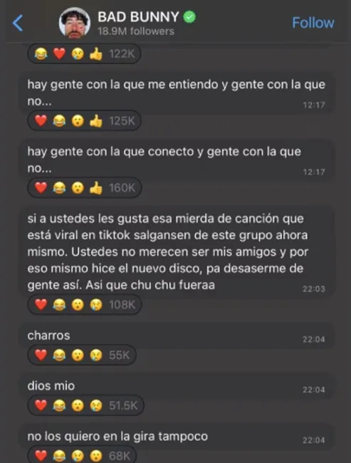 Los mensajes de Bad Bunny en su canal de Whatsapp.