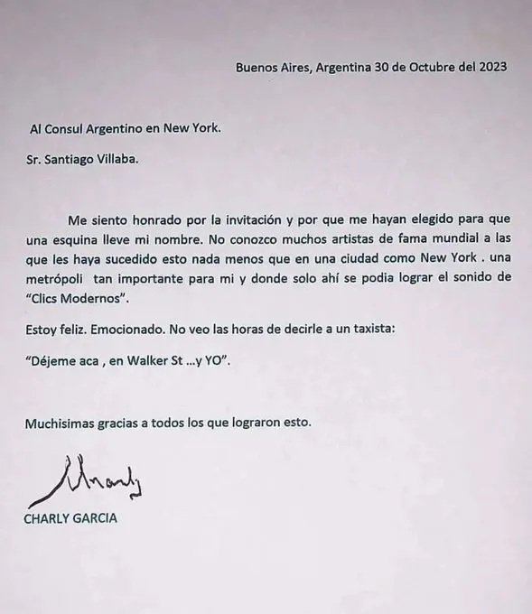 La carta que dejó el músico argentino.