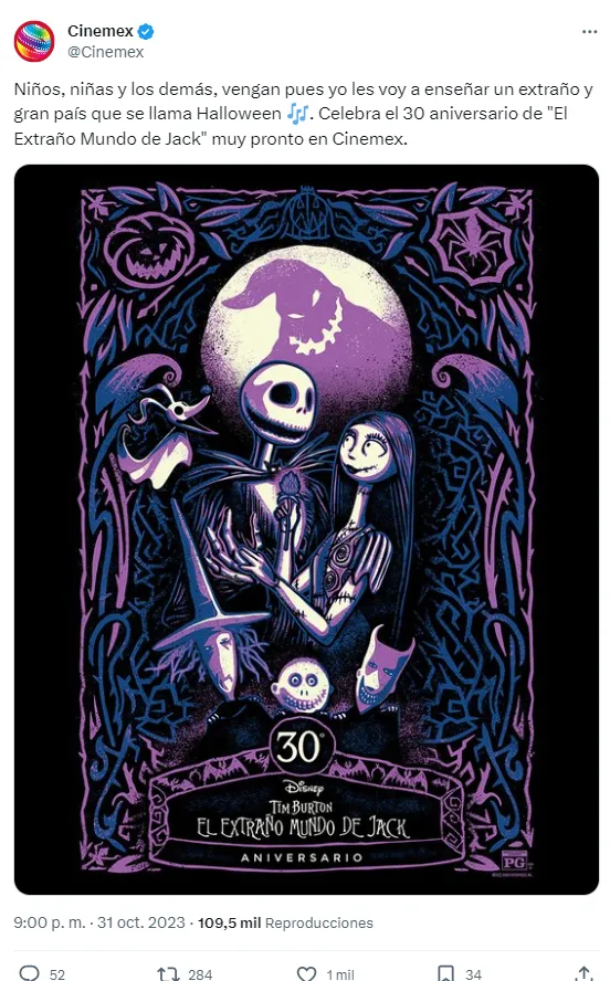 La confirmación por parte de Cinemex de que iban a pasar El Extraño Mundo de Jack fue recibida con mucha felicidad por parte de sus fans. Imagen: X.