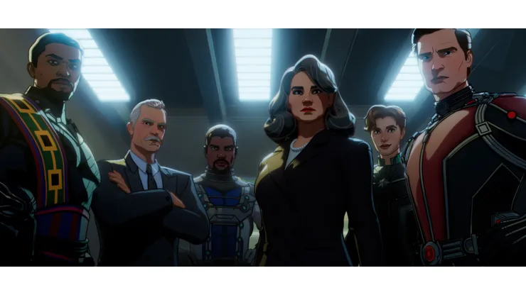 (L-R): Black Panther/King T’Chaka, Howard Stark, Bill Foster/Goliath, Peggy Carter, Dr. Wendy Lawson/Mar-vell, and Hank Pym/Ant-Man in Marvel Studios' WHAT IF…?, Season 2 exclusively on Disney+. © 2023 MARVEL.