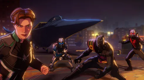 (L-R): Dr. Wendy Lawson/Mar-vell, Bill Foster/Goliath, Black Panther/King T’Chaka, and Hank Pym/Ant-Man in Marvel Studios' WHAT IF…?, Season 2 exclusively on Disney+. © 2023 MARVEL.