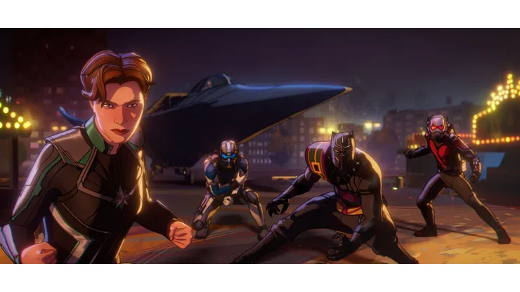 (L-R): Dr. Wendy Lawson/Mar-vell, Bill Foster/Goliath, Black Panther/King T’Chaka, and Hank Pym/Ant-Man in Marvel Studios' WHAT IF…?, Season 2 exclusively on Disney+. © 2023 MARVEL.