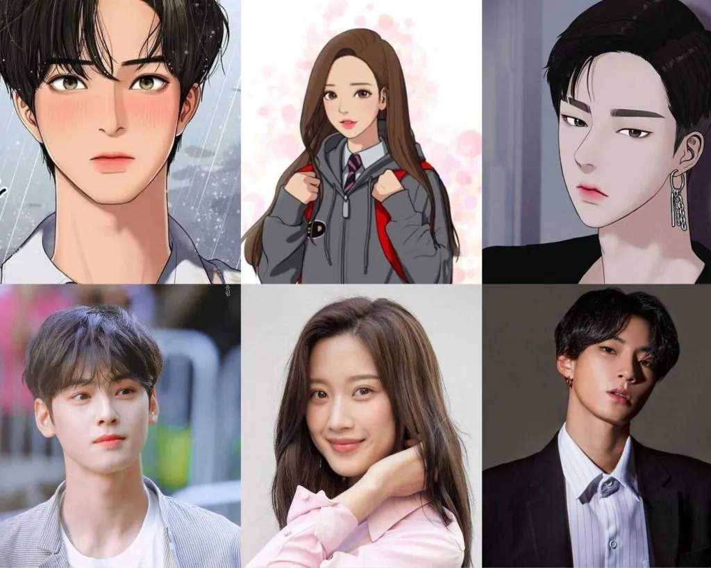 Así es como lucen los personajes de la serie en comparación con sus contrapartes del webtoon. Imagen: Kmagazine.mx.