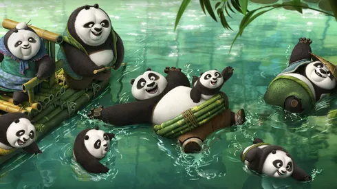 Po (voiced by Jack Black) frolicking in the panda village's hot spring in DreamWorks Animation's KUNG FU PANDA 3.