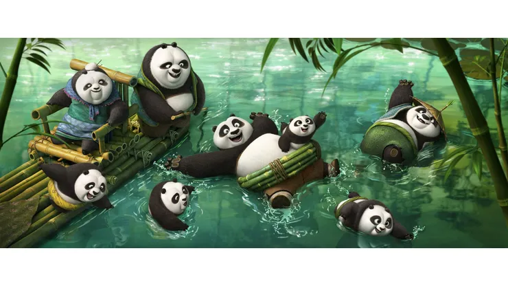 Po (voiced by Jack Black) frolicking in the panda village's hot spring in DreamWorks Animation's KUNG FU PANDA 3.