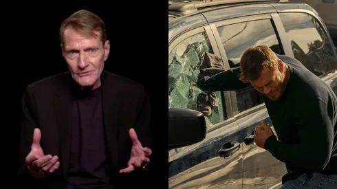 Lee Child, el creador de Reacher, y una escena de la Temporada 2 de la serie de Prime Video.