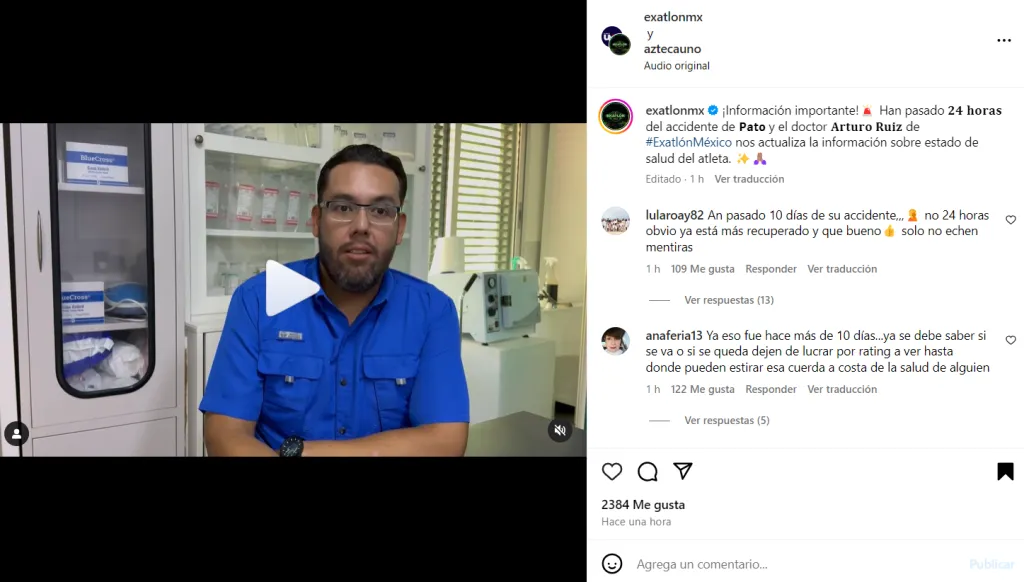El doctor Arturo ha sido el encargado de revelar el estado de salud de Pato. Imagen: @exatlonmx.
