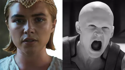 Florence Pugh como la Princesa Irulan y Austin Butler como Feyd Rautha en Dune, Parte 2.