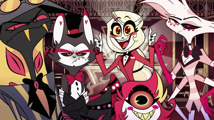 Sir Pentious, Husk, Charlie Morningstar, Niffty y Angel Dust son los personajes principales de la serie.