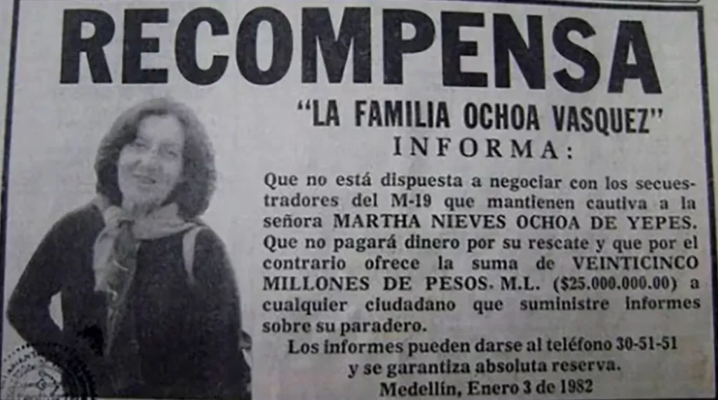 El secuestro de Martha Nieves Ochoa de Yepes fue el catalizador de lo que generaron los hermanos Ochoa a Colombia. Imagen: Infobae.