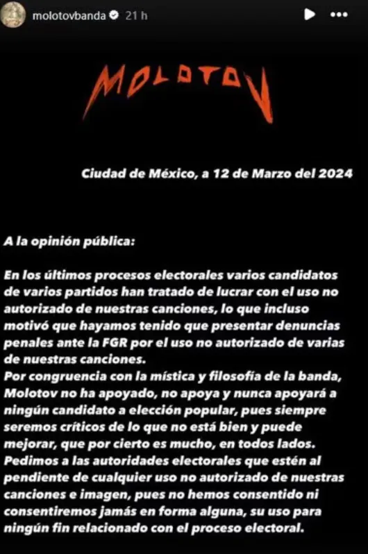 Este fue el mensaje que la agrupación emitió luego de que se reveló el video. Imagen: @molotovbanda.