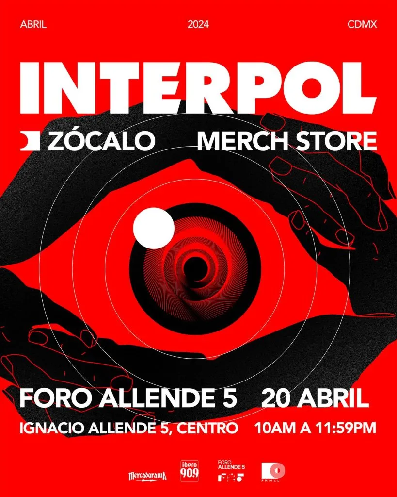 Con este cartel en una de sus publicaciones, la agrupación neoyorquina anunció que tendrá su mercancía oficial del evento disponible en la CDMX. Imagen: Página de Facebook de Interpol.