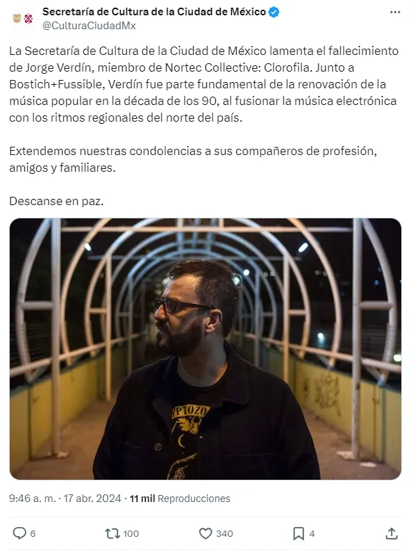 Fue con esta publicación en X, que la Secretaría de Cultura de la Ciudad de México se despidió del paradigmático músico. Imagen: X.