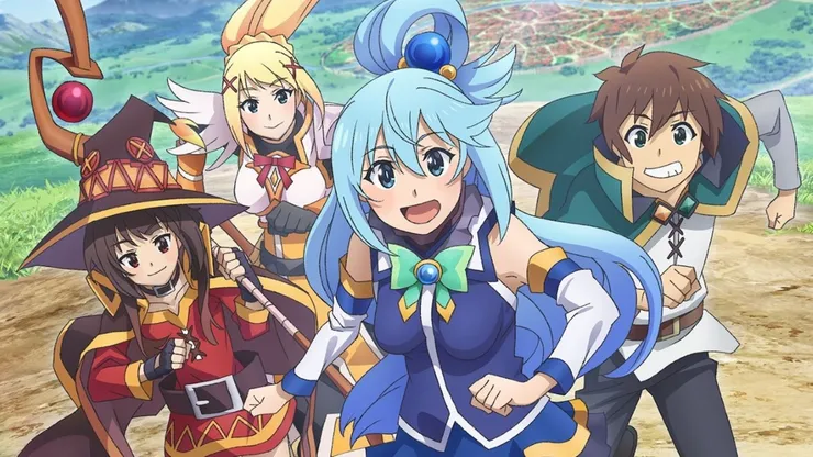 Los personajes principales de Konosuba, en el afiche oficial de la Temporada 3.