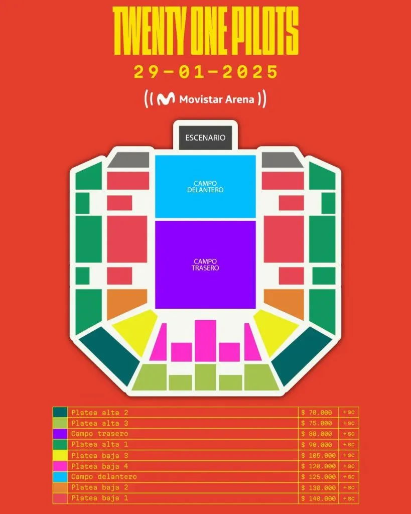 Se revelaron los precios para Twenty One Pilots en el Movistar Arena de Argentina 2025.