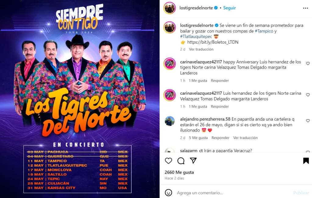 Prueba de que la agrupación se encuentra de gira por México, y que ninguno de sus miembros ha fallecido en días recientes. Imagen: @lostigresdelnorte.
