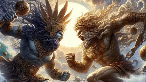 Así luciría el enfrentamiento entre Chaac y Poseidón, según la Inteligencia Artificial.