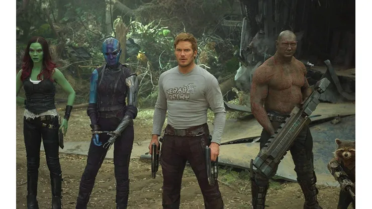 Zoe Saldana, KAren Gillan, Chris Pratt, Dave Bautista y BRadley Cooper en Guardianes de la Galaxia