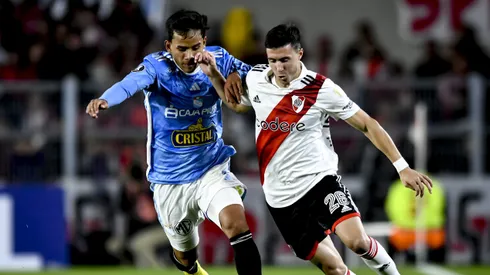 BUENOS AIRES, ARGENTINA - APRIL 19: Jose Paradela of River Plate competes for the ball with Rafael Lutiger of Sporting Cristal during the Copa CONMEBOL Libertadores 2023 group D match between River Plate and Sporting Cristal at Estadio Mas Monumental Antonio Vespucio Liberti on April 19, 2023 in Buenos Aires, Argentina. (Photo by Marcelo Endelli/Getty Images)