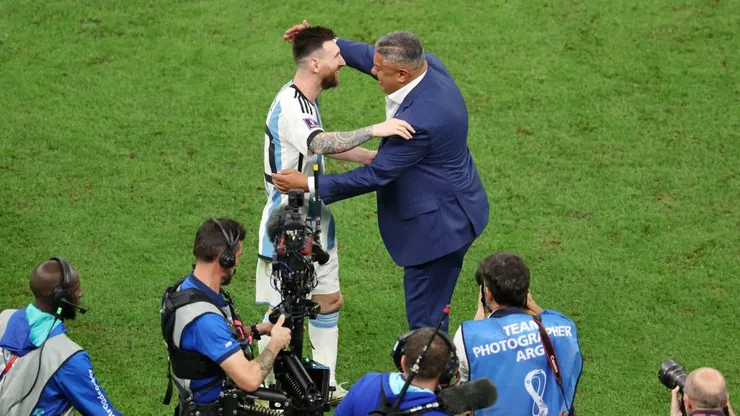 LUSAIL CITY, QATAR - DECEMBER 13: President of AFA Claudio Tapia interacts with Lionel Messi of Argentina after the FIFA World Cup Qatar 2022 semi final match between Argentina and Croatia at Lusail Stadium on December 13, 2022 in Lusail City, Qatar. (Photo by Catherine Ivill/Getty Images)