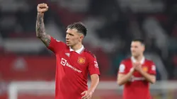 MANCHESTER, ENGLAND - APRIL 05: Manchester United player Lisandro Martinez celebrates after the Premier League match between Manchester United and Brentford FC at Old Trafford on April 05, 2023 in Manchester, England. (Photo by Stu Forster/Getty Images)