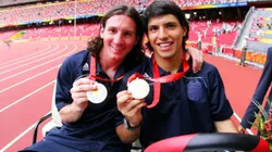 BEIJING - AUGUST 23: Argentinian forwards Lionel Messi (L) and Sergio Aguero gold medal pose during the men's Olympic football tournament medal ceremony at the national stadium in Beijing during the Men's Final between Nigeria and Argentina at the National Stadium on Day 15 of the Beijing 2008 Olympic Games on August 23, 2008 in Beijing, China. (Photo by Koji Watanabe/Getty Images)