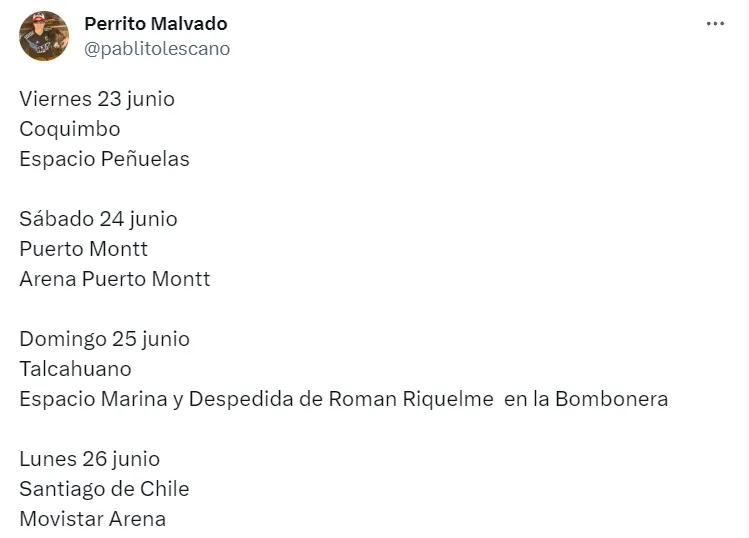 El tuit de Pablo Lescano con el cronograma de Damas Gratis, que incluye la Bombonera.