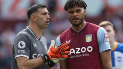 BIRMINGHAM, ENGLAND - MAY 28: Goalkeeper Emiliano Martinez and Tyrone Mings of Aston Villa during the Premier League match between Aston Villa and Brighton & Hove Albion at Villa Park on May 28, 2023 in Birmingham, England. (Photo by Eddie Keogh/Getty Images)