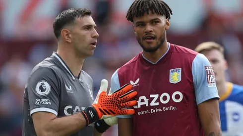 BIRMINGHAM, ENGLAND - MAY 28: Goalkeeper Emiliano Martinez and Tyrone Mings of Aston Villa during the Premier League match between Aston Villa and Brighton & Hove Albion at Villa Park on May 28, 2023 in Birmingham, England. (Photo by Eddie Keogh/Getty Images)