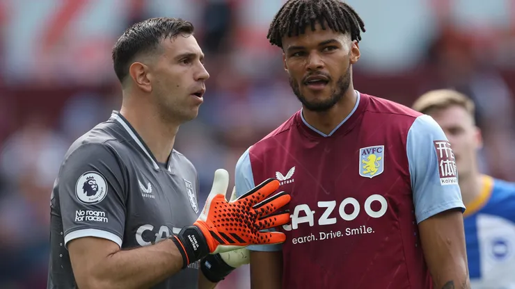 BIRMINGHAM, ENGLAND - MAY 28: Goalkeeper Emiliano Martinez and Tyrone Mings of Aston Villa during the Premier League match between Aston Villa and Brighton & Hove Albion at Villa Park on May 28, 2023 in Birmingham, England. (Photo by Eddie Keogh/Getty Images)