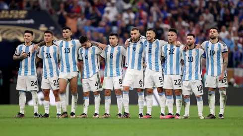 LUSAIL CITY, QATAR – DECEMBER 18: Argentina players line up during the penalty shootout during the FIFA World Cup Qatar 2022 Final match between Argentina and France at Lusail Stadium on December 18, 2022 in Lusail City, Qatar. (Photo by Julian Finney/Getty Images)