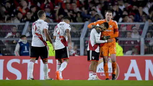 BUENOS AIRES, ARGENTINA - APRIL 19: Paulo Diaz of River Plate celebrates with teammate Franco Armani after winning the Copa CONMEBOL Libertadores 2023 group D match between River Plate and Sporting Cristal at Estadio Mas Monumental Antonio Vespucio Liberti on April 19, 2023 in Buenos Aires, Argentina. (Photo by Marcelo Endelli/Getty Images)