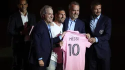 FORT LAUDERDALE, FLORIDA - JULY 16: (L-R) Managing Owner Jorge Mas, Lionel Messi, Co-Owner Jose Mas, and Co-Owner David Beckham pose during "The Unveil" introducing Lionel Messi hosted by Inter Miami CF at DRV PNK Stadium on July 16, 2023 in Fort Lauderdale, Florida. (Photo by Megan Briggs/Getty Images)