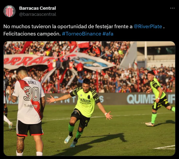 El tuit de Barracas Central para River.