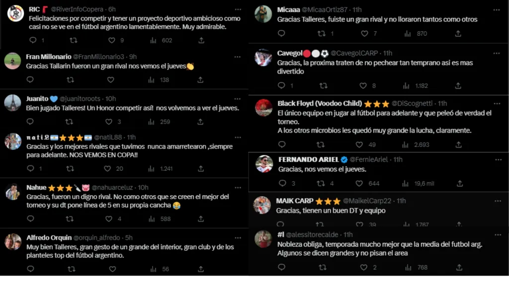 Elogios de hinchas de River para Talleres