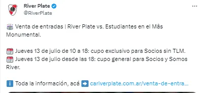 La publicación oficial de River en Twitter.