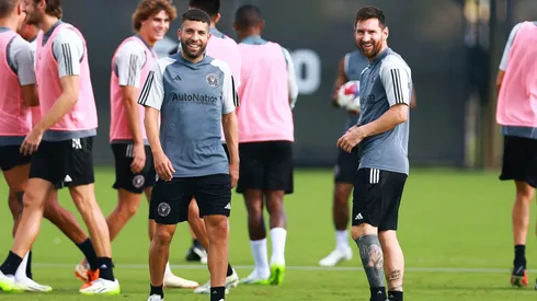 FORT LAUDERDALE, FLORIDA - AUGUST 29: Jordi Alba #18 and Lionel Messi #10 of Inter Miami CF look on during an Inter Miami CF Training Session at Florida Blue Training Center on August 29, 2023 in Fort Lauderdale, Florida. (Photo by Megan Briggs/Getty Images)