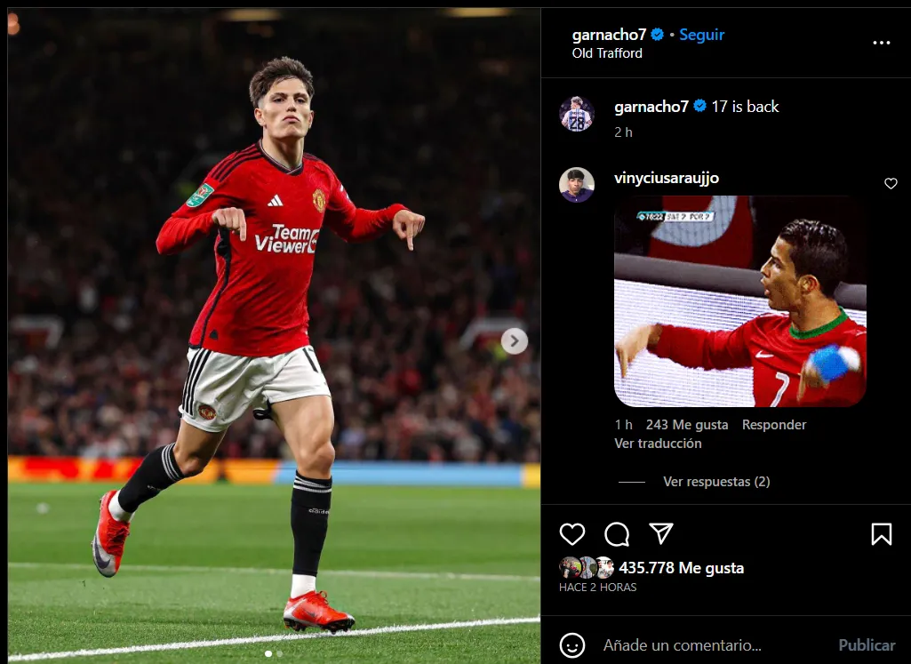 El posteo de Alejando Garnacho. (Foto: Instagram).