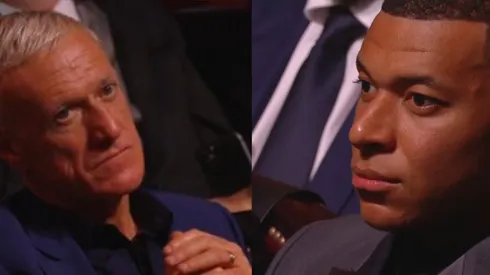 Los rostros de Deschamps y Mbappé ante la premiación a Dibu Martínez.