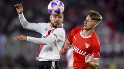 BUENOS AIRES, ARGENTINA - APRIL 23: Paulo Diaz of River Plate competes for the ball with Baltasar Barcia of Independiente during a Liga Profesional 2023 match between River Plate and Independiente at Estadio Mas Monumental Antonio Vespucio Liberti on April 23, 2023 in Buenos Aires, Argentina. (Photo by Marcelo Endelli/Getty Images)