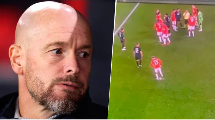 Erik ten Hag dijo que no lo vio a Alejandro Garnacho cuando pateó el punto del penal antes del lanzamiento de Jordan Larsson. Getty Images.
