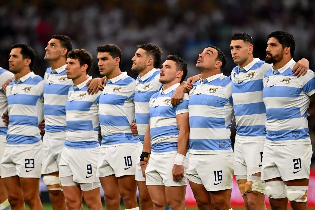 Los Pumas durante el himno en el Mundial de Rugby 2023 (Getty Images).